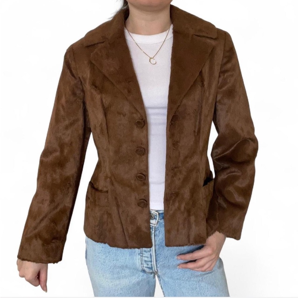 Vintage Alberta Ferretti Tailored Hourglass Brown Faux Fur Blazer Jacket ✨
